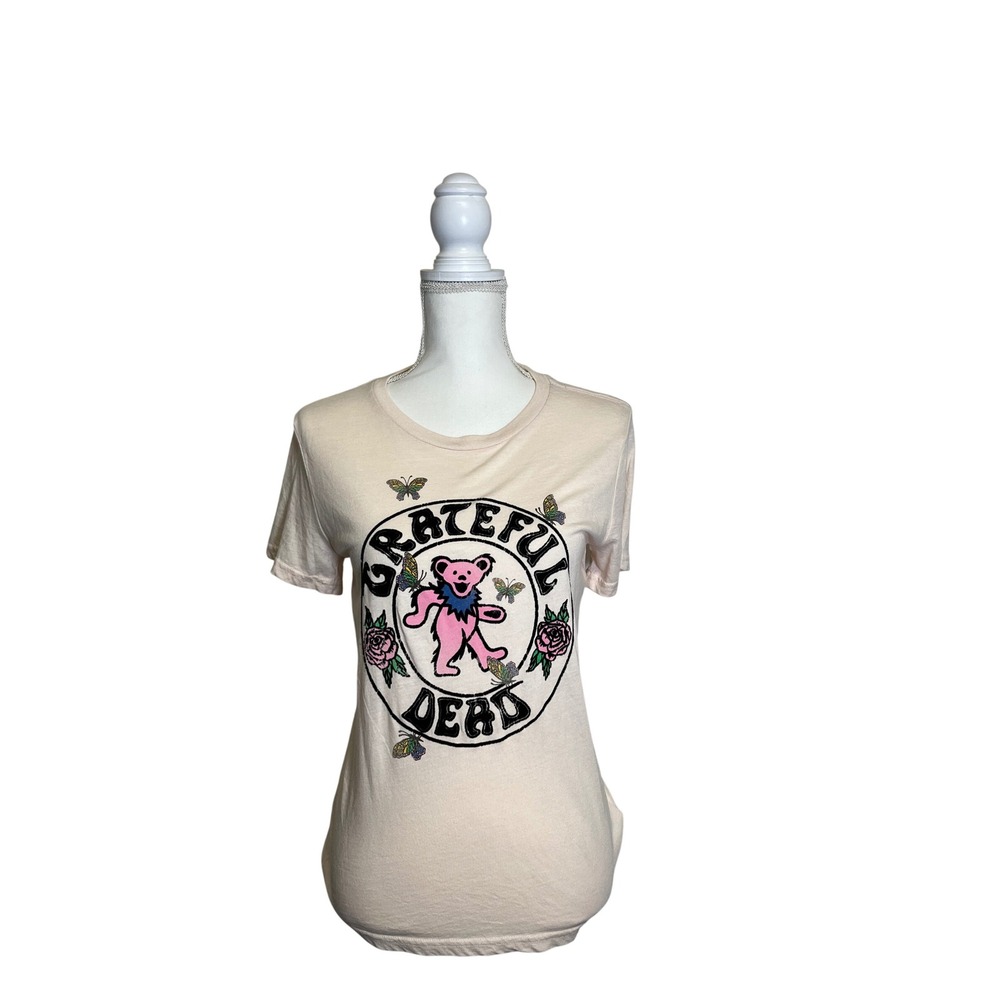 Lucky Brand Grateful Dead Women's Cream T-Shirt with Pink Bear and Roses Size S